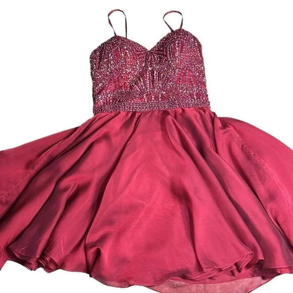 SHERRI HILL corset strapless flounce skater dress,rhinestones fit&flare,glam,red - Picture 9 of 16
